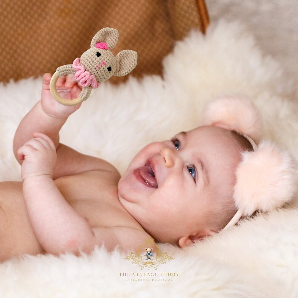 NWT Cute Handmade Crochet Ms. Bunny Baby Rattle Baby & Toddler Wooden Plush Toys - Picture 2 of 3